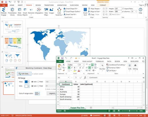 Engage screenshot of editing the Excel data of a world datamap