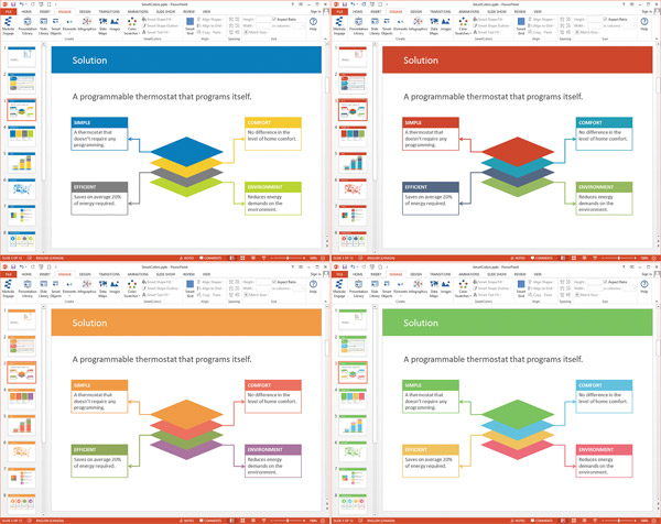 PowerPoint screenshots of 4 presentations of the same slide with different colors