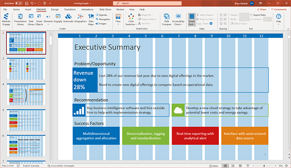 Engage screenshot with the SmartGrid turned on showing its 12 bars grid system